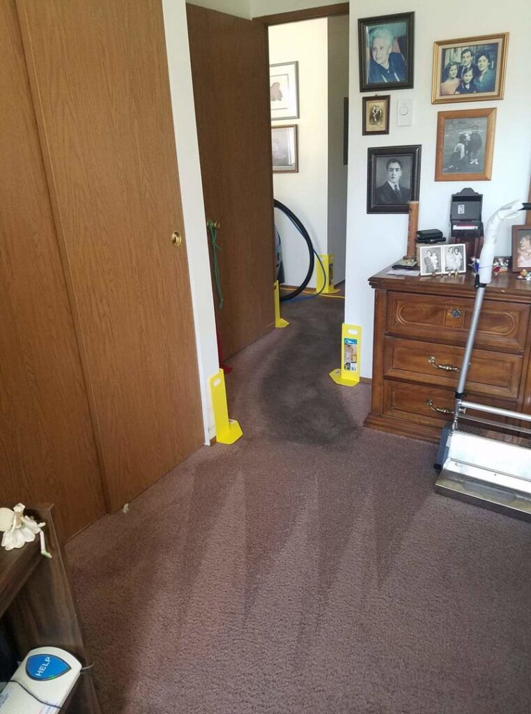 Carpet cleaning equipment and hoses set up in a room with a freshly cleaned carpet by A&g's carpet cleaning service in Vancouver, WA.