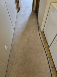 Carpet cleaning equipment hose visible in a hallway during service by Peterson's Carpet & Air Duct Cleaning in Dickinson, ND.