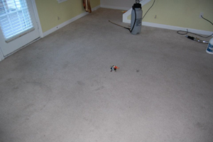 Carpet cleaning equipment and a carpet with some stains, indicating an in-progress job by Mid State Contract Cleaners in Nashville, TN.
