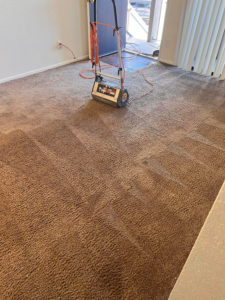 Carpet cleaning equipment on a brown carpet with cleaning patterns at a job site by Wilsons Complete Floor Care in Tucson, AZ