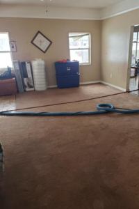 Carpet cleaning equipment, including a blue hose, set up in a living room by A Fresh Look Carpet Cleaning in West Jordan, UT.