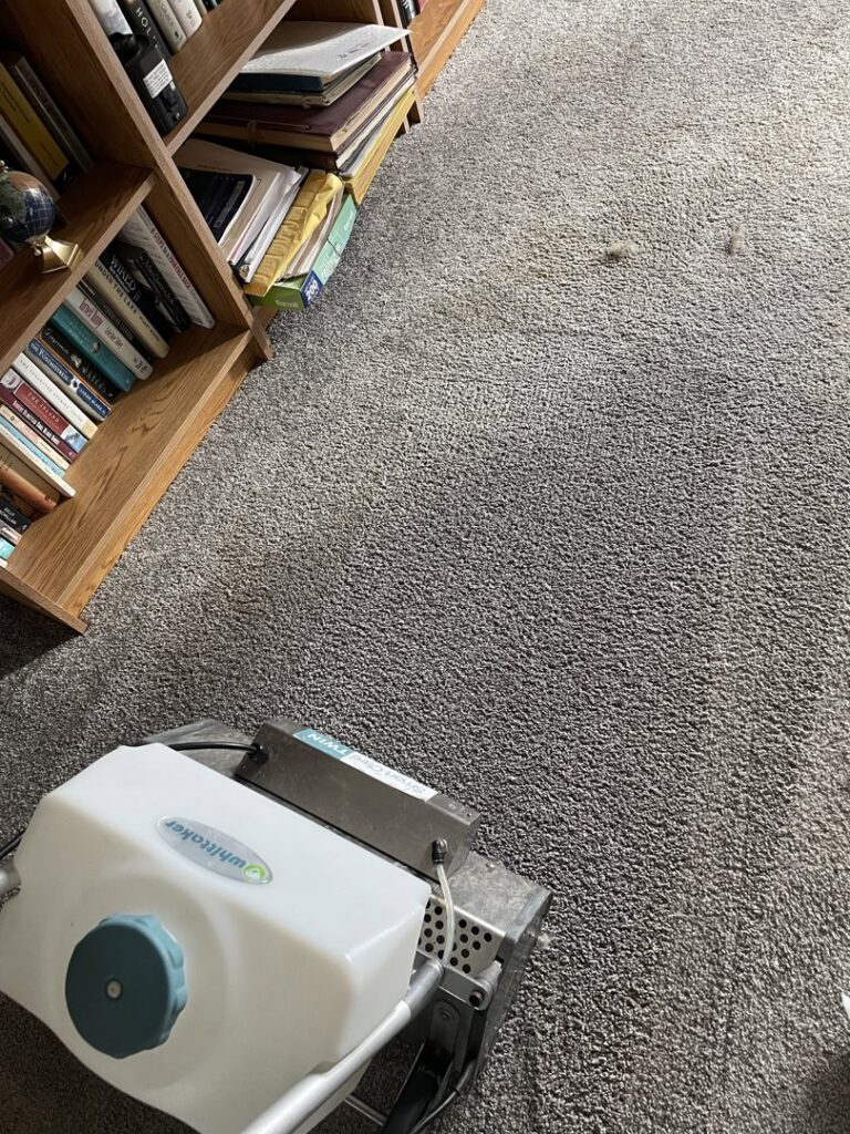 A professional carpet cleaning machine actively cleaning a grey carpet in a home, provided by Pro Clean Group in Knoxville, TN.