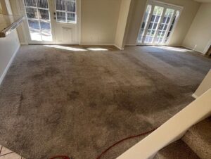 A red carpet cleaning hose laid out in a carpeted room, indicating work in progress by Orozco's Janitorial Services LLC in Escondido, CA.