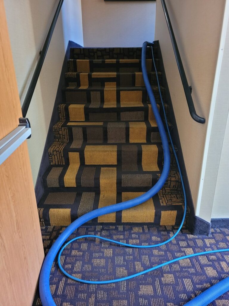 Carpet cleaning hose on patterned stairs during a job by PDX STAR in Happy Valley, OR