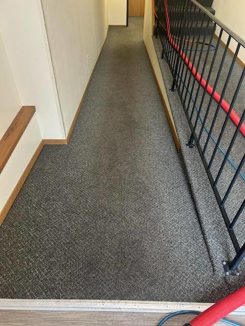 Carpet cleaning hoses visible in a hallway during a job by Red River Carpet Cleaning of Fargo Moorhead, MN