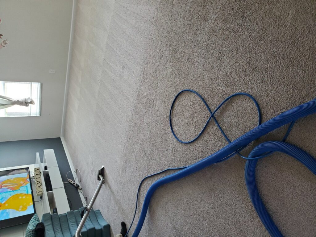 Blue carpet cleaning hoses laid out on a residential carpet during a cleaning service by Spot On Carpet Cleaning of Columbia, SC.