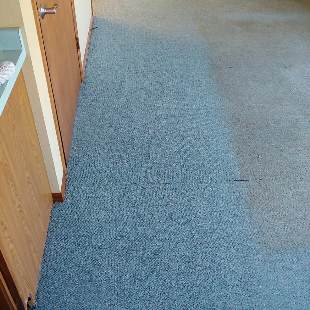 Blue carpet showing cleaned and uncleaned sections, demonstrating carpet cleaning by Clean Sweep Services in Summerville, SC.