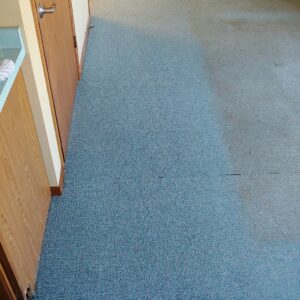 Blue carpet showing cleaned and uncleaned sections, demonstrating carpet cleaning by Clean Sweep Services in Summerville, SC.