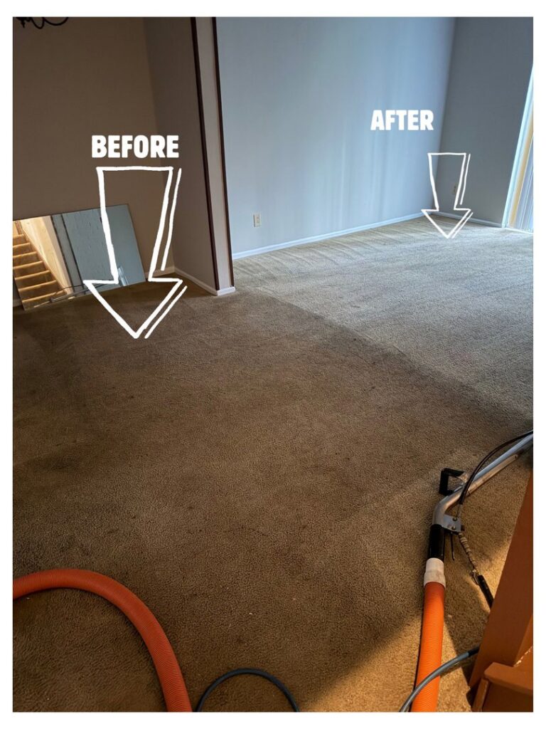 Carpet cleaning in progress showing before and after sections with equipment by D&A Carpet Cleaning in Durham, NC.