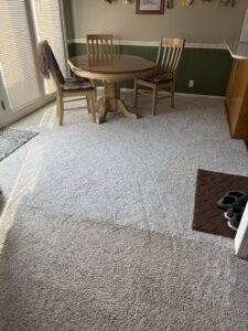 Carpet cleaning in progress in a dining area, showing a clear clean line by Done Right Carpet Cleaning Omaha, NE.