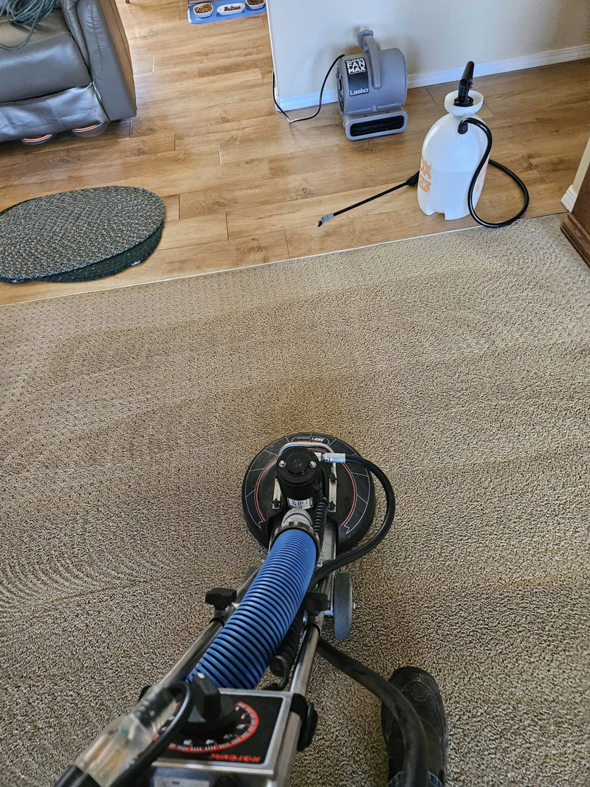 A professional carpet cleaning machine in action on a beige carpet by Quality Carpet Cleaning in Lewiston, ID.