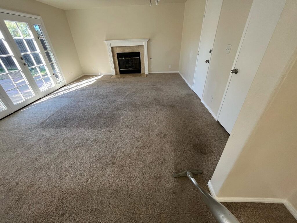 Carpet cleaning in progress in a residential living room, with a cleaning wand visible, by Orozco's Janitorial Services LLC in Escondido, CA.