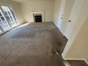 Carpet cleaning in progress in a residential living room, with a cleaning wand visible, by Orozco's Janitorial Services LLC in Escondido, CA.