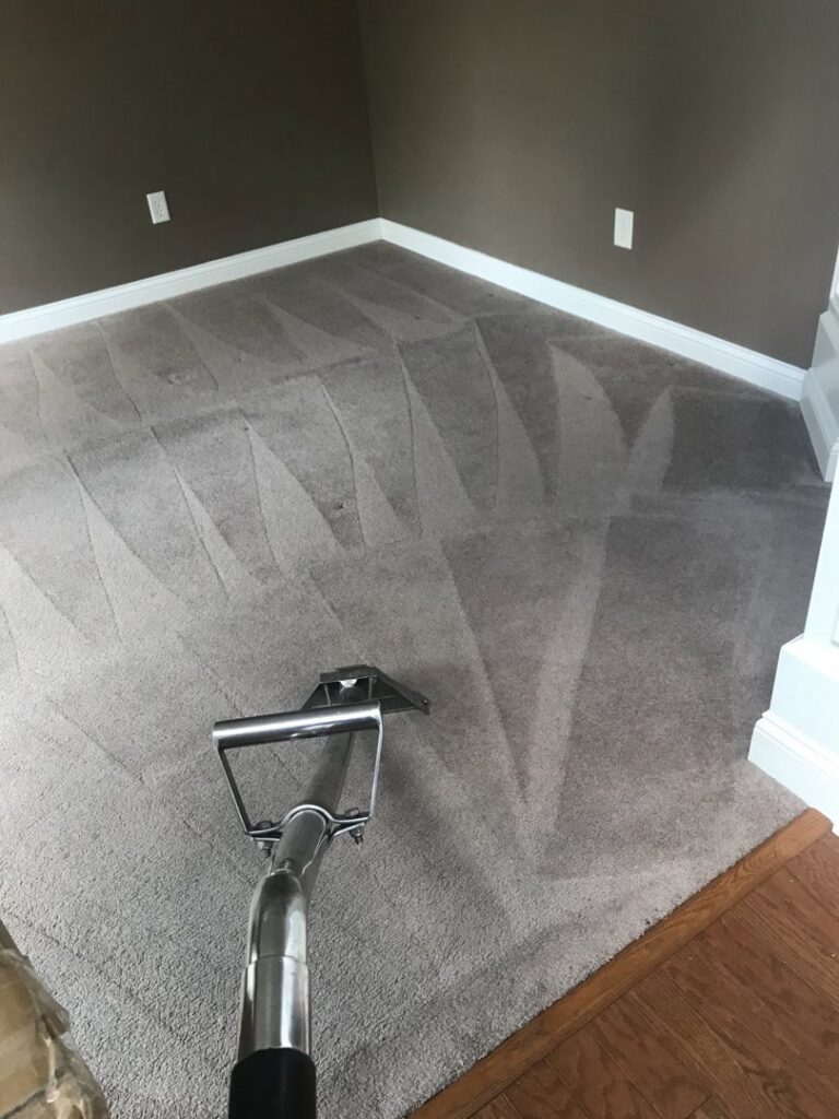 Carpet cleaning in progress in a residential room, showing a clean path by TCK Carpet Cleaning in Indianapolis, IN.