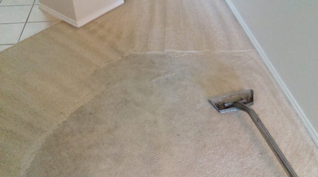 Carpet cleaning in progress, clearly showing the difference between cleaned and uncleaned sections, performed by All-Star Carpet Cleaning in Dallas, TX.