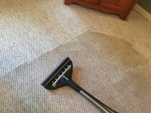 A carpet cleaning wand actively cleaning a light-colored carpet, showing the clean path by Zerorez Greenville, SC.