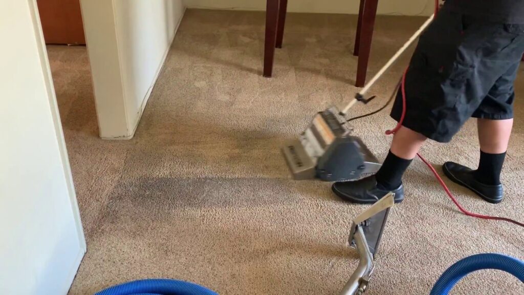 A professional performing a carpet cleaning job with a machine, showing a clean path, by Mark it Clean Carpet & Upholstery Cleaning Long Beach, CA.