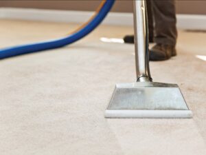 A close-up of a carpet cleaning machine in action, leaving a clean strip by Max Performance Carpet Cleaning in Spokane, WA.