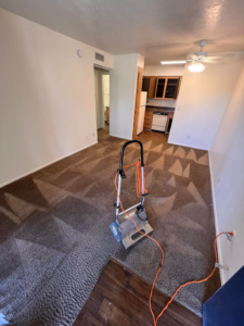 A professional carpet cleaning machine positioned on a brown carpet with cleaning patterns, used by Wilsons Complete Floor Care in Tucson, AZ
