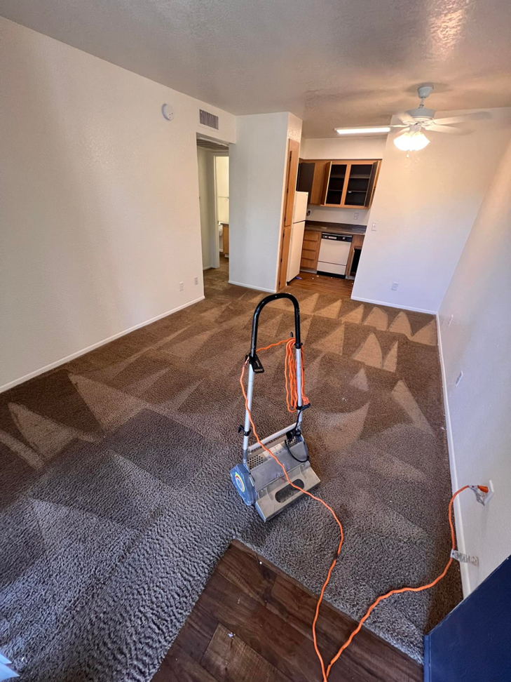 A professional carpet cleaning machine positioned on a brown carpet with cleaning patterns, used by Wilsons Complete Floor Care in Tucson, AZ