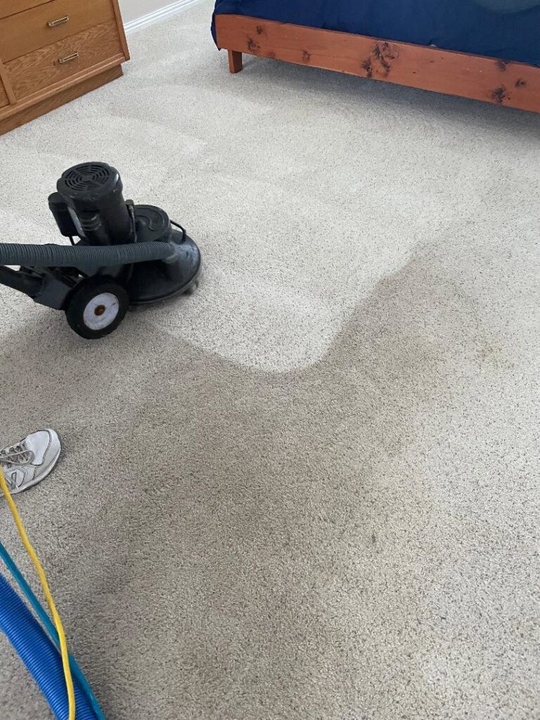 A carpet cleaning machine actively cleaning a residential carpet at A Plus Carpet Care in Redondo Beach, CA.