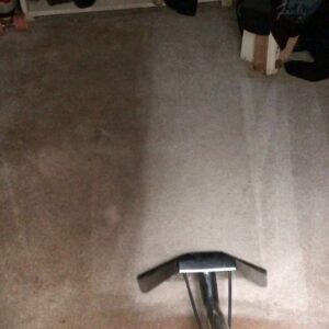 A carpet cleaning machine in use, showing a clean path on a dirty carpet by LS Upstate Cleaning in Greenville, SC.