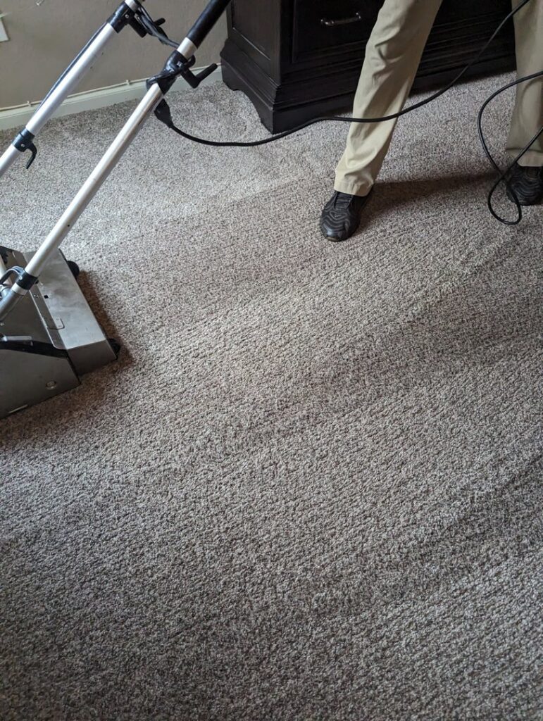 A professional carpet cleaning machine in use, creating clean lines on a carpet by R&W Carpet Cleaning & Water Extraction in Independence, MO.