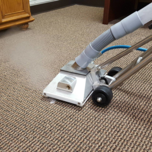 A professional carpet cleaning machine steaming a carpet during a job by Dirt-Be-Gone Floor Cleaning in Louisville, KY