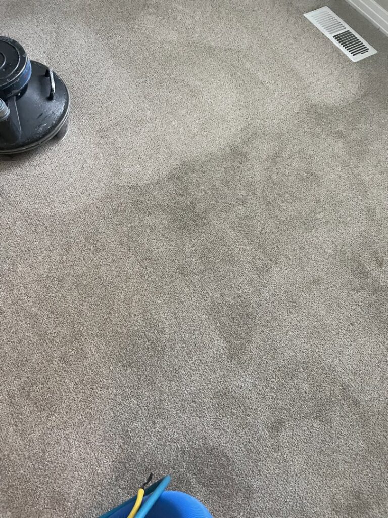 A carpet cleaning machine actively working on a dirty carpet, showing the cleaned path, by A Plus Carpet Care in Redondo Beach, CA.
