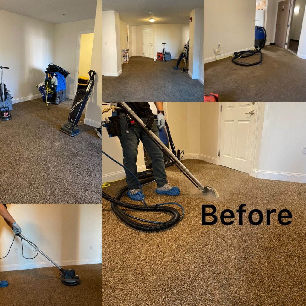 A collage showing the carpet cleaning process and 'Before' state by Express Cleaning in Lowell, MA