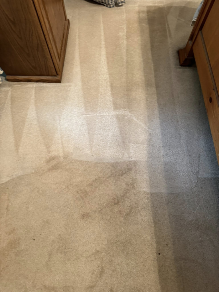 A carpet cleaning process underway, showing a distinct clean path next to a dirty area by Captain Clean in Muncie, IN.