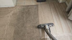 A carpet cleaning wand in action, demonstrating the cleaning process by KD Carpet Cleaning in Albuquerque, NM, with visible before and after sections.
