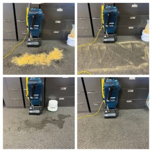 Four-panel image showing the carpet cleaning process with a professional machine by Hughes Dry Professional Carpet Care in Marietta, GA.
