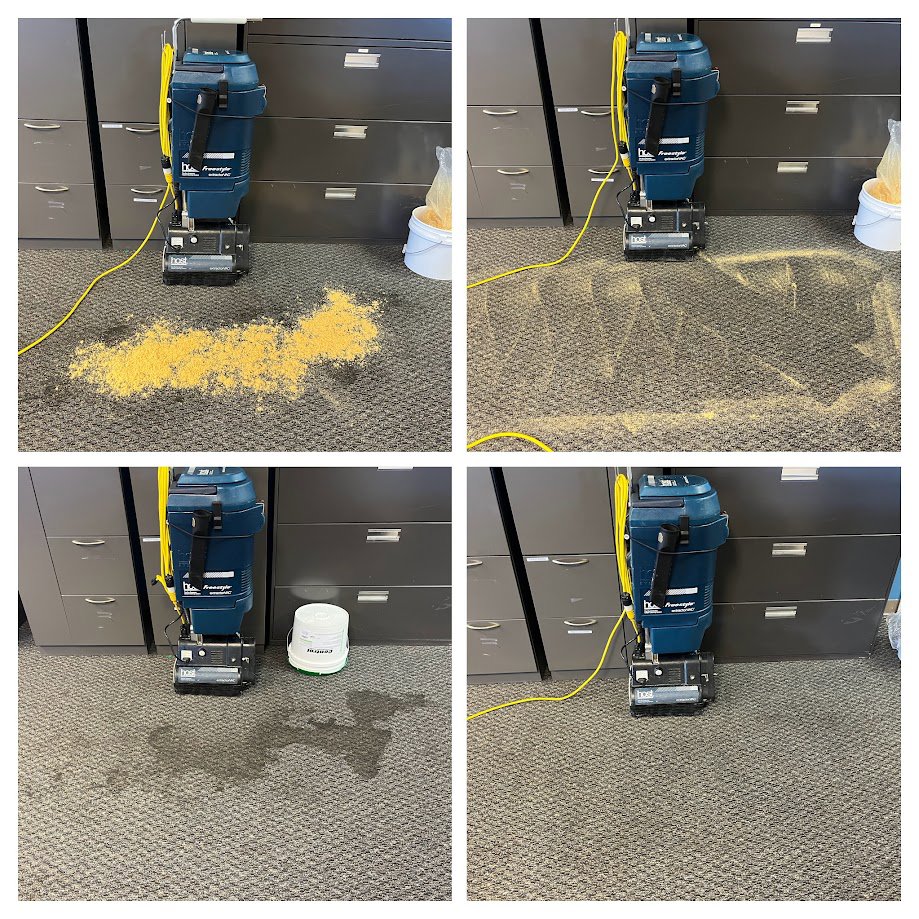 Four-panel image showing the carpet cleaning process with a professional machine by Hughes Dry Professional Carpet Care in Marietta, GA.