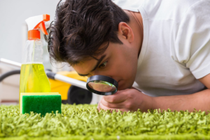 A carpet cleaning professional inspecting a green carpet with a magnifying glass at Green Line Carpet Cleaning in Beaverton, OR.