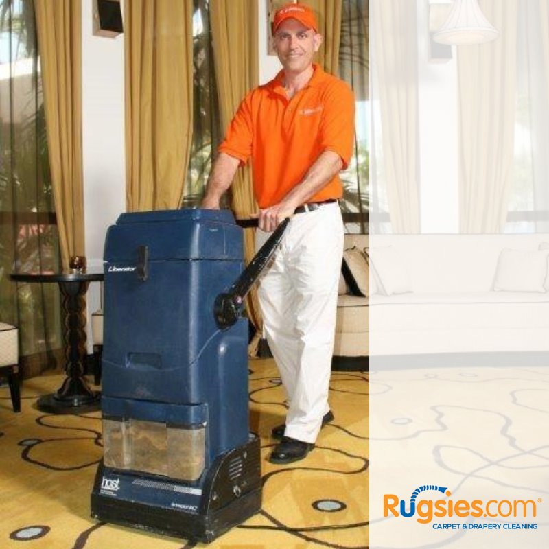 A Rugsies.com professional operating a carpet cleaning machine on a patterned rug in Miami Beach, FL.
