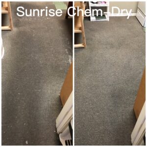 Before and after comparison of a carpet cleaning job, showing significant improvement by Sunrise Chem-Dry in Glendale, AZ.