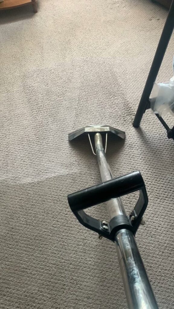 Visible results of carpet cleaning with a professional wand on a light brown carpet by Superior Carpet Cleaning in Greenville, SC.