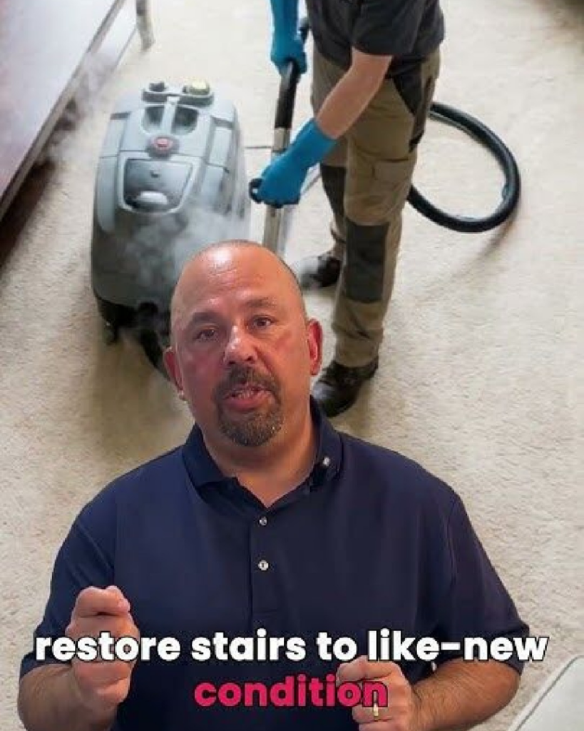 A professional from AJS Carpet Cleaning, Inc. cleaning carpeted stairs with a steam cleaner in Orem, UT.