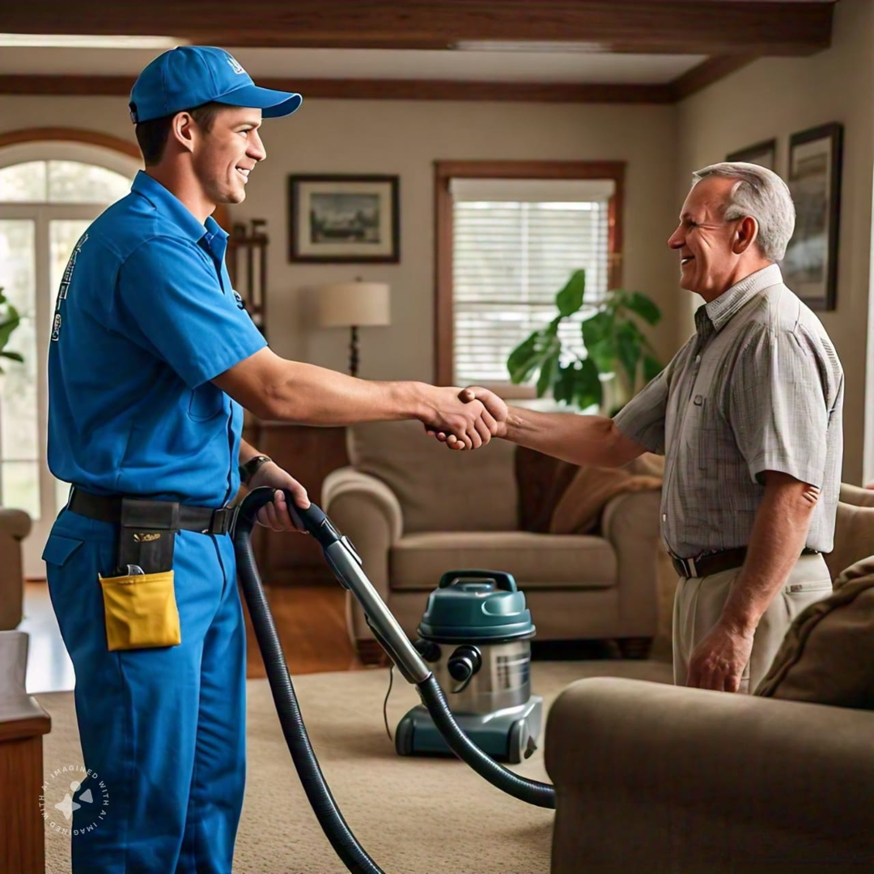 A carpet cleaning technician shaking hands with a satisfied customer at Healthy Homes Cleaning and Restoration LLC in Fort Lauderdale, FL.