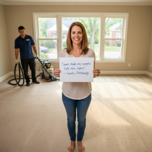 A Sears Carpet Cleaning technician cleans a carpet while a happy customer holds a sign praising the service in Cleveland, OH.
