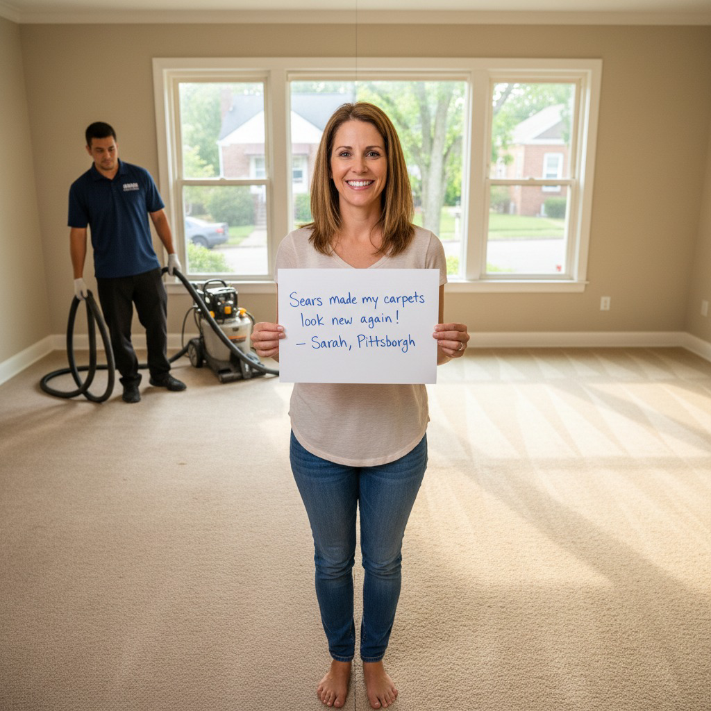 A Sears Carpet Cleaning technician cleans a carpet while a happy customer holds a sign praising the service in Cleveland, OH.
