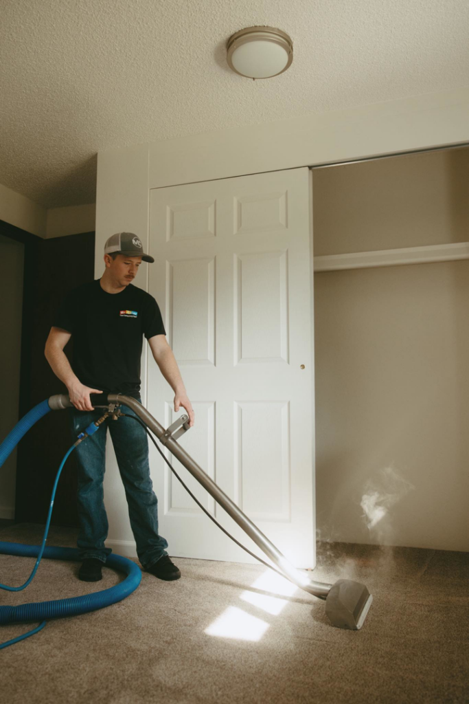 A carpet cleaning technician from Dakota's Mr.Color performing professional carpet cleaning in Wilsonville, OR.