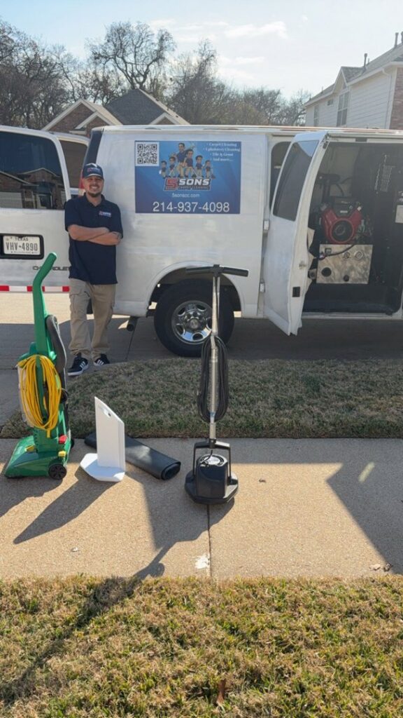 A carpet cleaning technician with a branded van and professional equipment from 5 Sons Carpet Cleaning in Dallas, TX