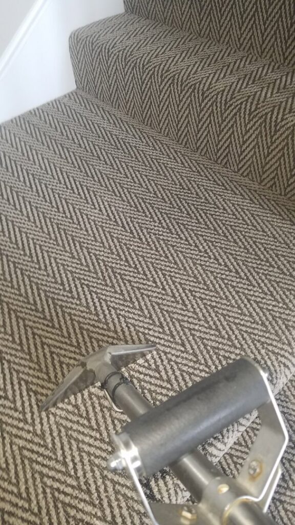A professional carpet cleaning tool being used on a patterned carpeted staircase by All-Star Carpet Cleaning in Dallas, TX.