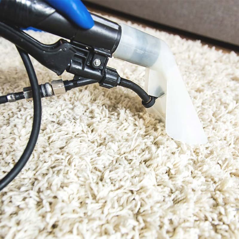 A close-up of a carpet cleaning tool working on a white shaggy carpet by Nashville Carpet Cleaning in Madison, TN.