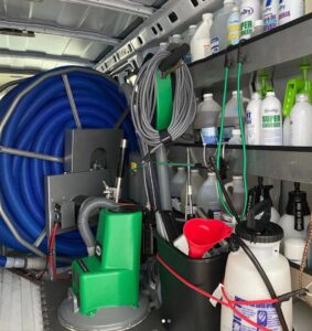 Interior of a Chem-Dry Nona service van in Orlando, FL, showcasing professional carpet and upholstery cleaning equipment and supplies.