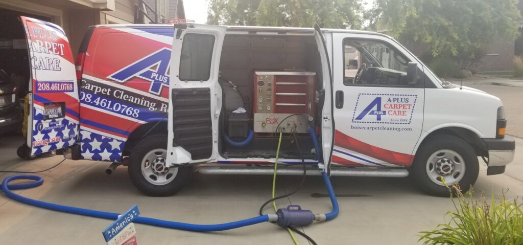 A Plus Carpet Care van with professional cleaning equipment and hoses ready for a job in Redondo Beach, CA.