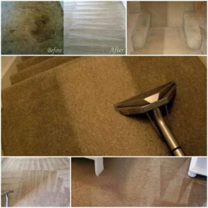 A carpet cleaning wand in use, with before and after shots of dirty carpets by Clear Vision Carpet & Floor Care, Inc. in Newnan, GA.