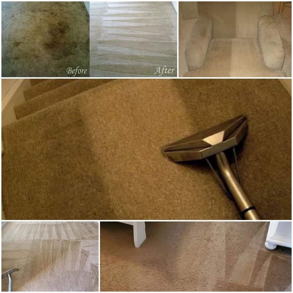 A carpet cleaning wand in use, with before and after shots of dirty carpets by Clear Vision Carpet & Floor Care, Inc. in Newnan, GA.